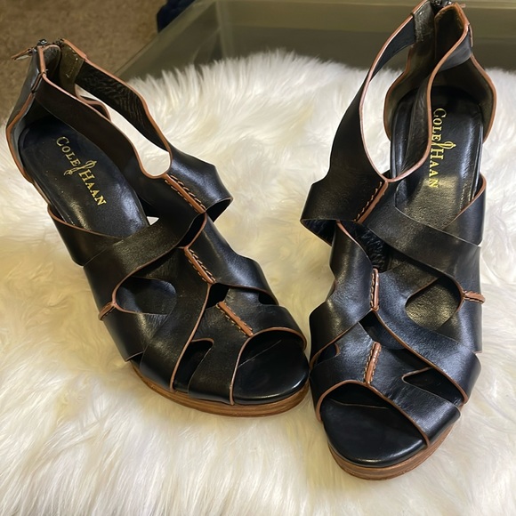Cole Haan Shoes - Cole Haan Black/Brown Leather Wedge Sandals Sz 9.5B
